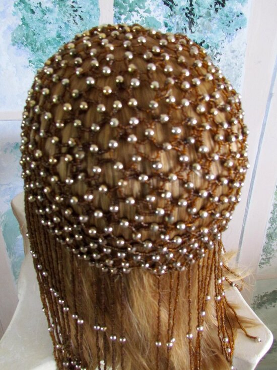ROARING 20s BEADED CAP w LONG BEAD FRINGE + BEADED HEADBAND for FLAPPER COSTUMES main image 6